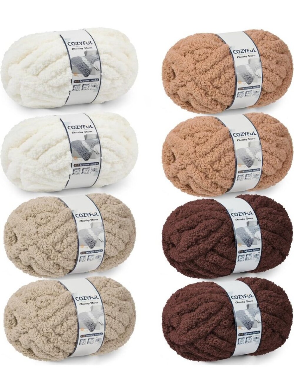 Cozy Chunky Chenille Yarn for Hand Knitting & Crocheting - Jumbo 8 Skeins, Cream